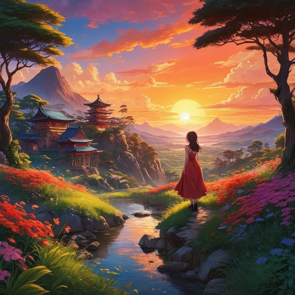 A captivating scene showcasing a vibrant anime-inspired world filled with lush landscapes and enchanting characters, illustrating the themes of allure and fantasy found in adult anime and manga. Include elements like seductive designs and dynamic poses to represent the Fazenda Hentai influence, while incorporating a colorful sunset in the background. The characters should have vivid expressions that evoke intrigue and desire. 3D. vibrant colors. fantasy art.